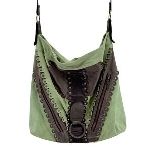 Nuvula Sage Green Brown Leather Studded Scalloped Hobo Crossbody Bag Boho Studs